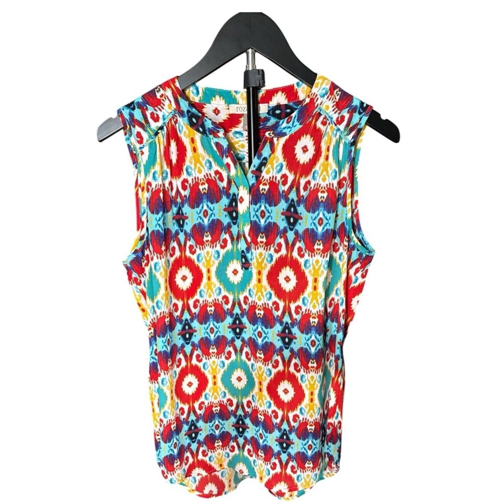 Roz & Ali Sleeveless Blouse Top Small S Colorful Ikat Print V-Neck Boho